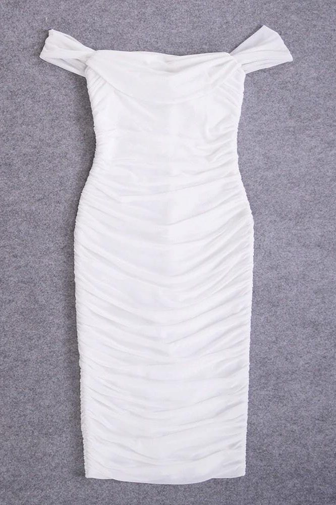 Woman wearing a figure flattering  Zia Bodycon Wrap Midi Dress - Pearl White Bodycon Collection