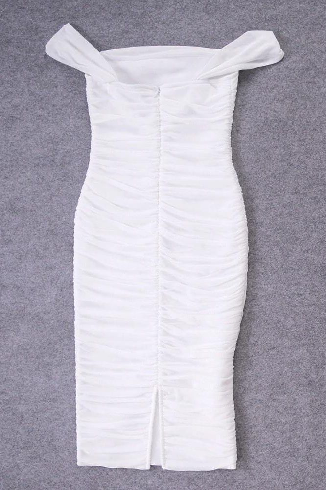 Woman wearing a figure flattering  Zia Bodycon Wrap Midi Dress - Pearl White Bodycon Collection
