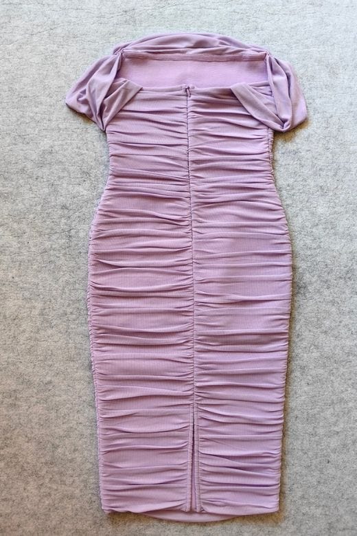 Woman wearing a figure flattering  Zia Bodycon Wrap Midi Dress - Violet Purple Bodycon Collection