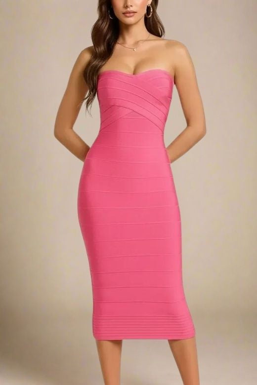 Woman wearing a figure flattering  Aaliyah Bandage Midi Dress - Hot Pink BODYCON COLLECTION Pty Ltd
