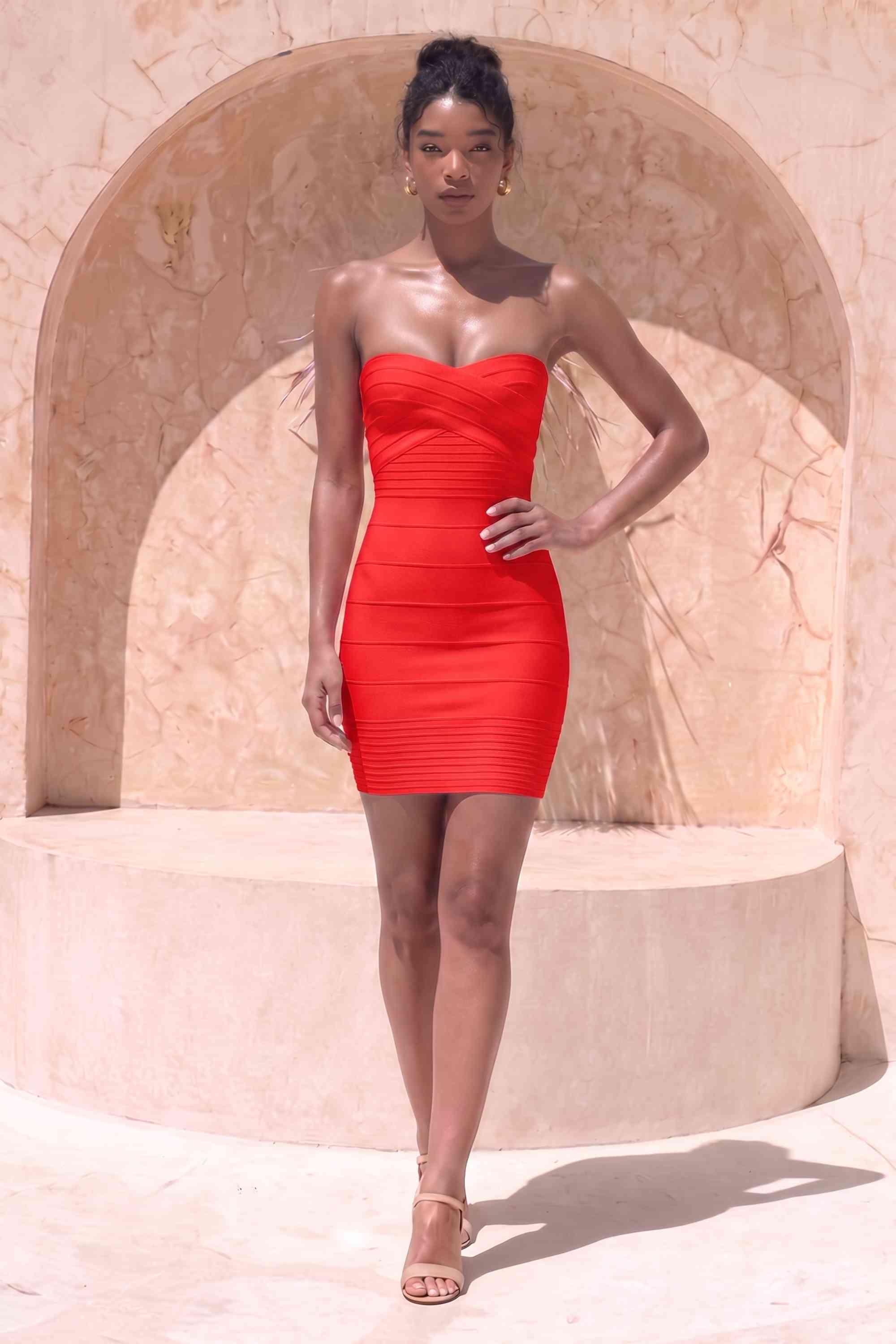 Woman wearing a figure flattering  Aaliyah Bandage Mini Dress - Lipstick Red BODYCON COLLECTION