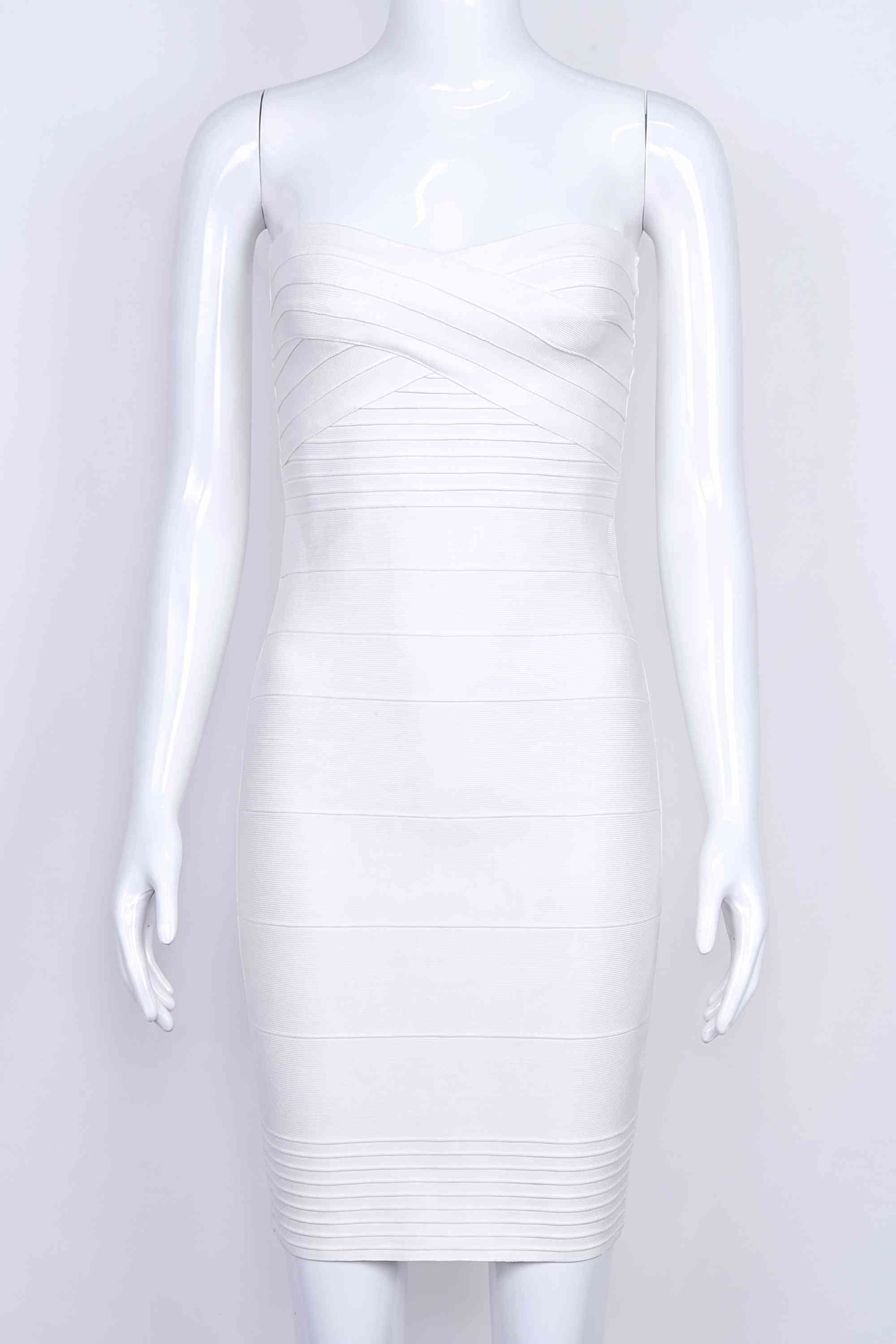 Woman wearing a figure flattering  Aaliyah Bandage Mini Dress - White Pearl BODYCON COLLECTION