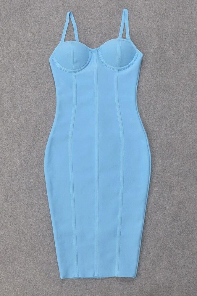Woman wearing a figure flattering  Abi Bandage Dress - Sky Blue Bodycon Collection