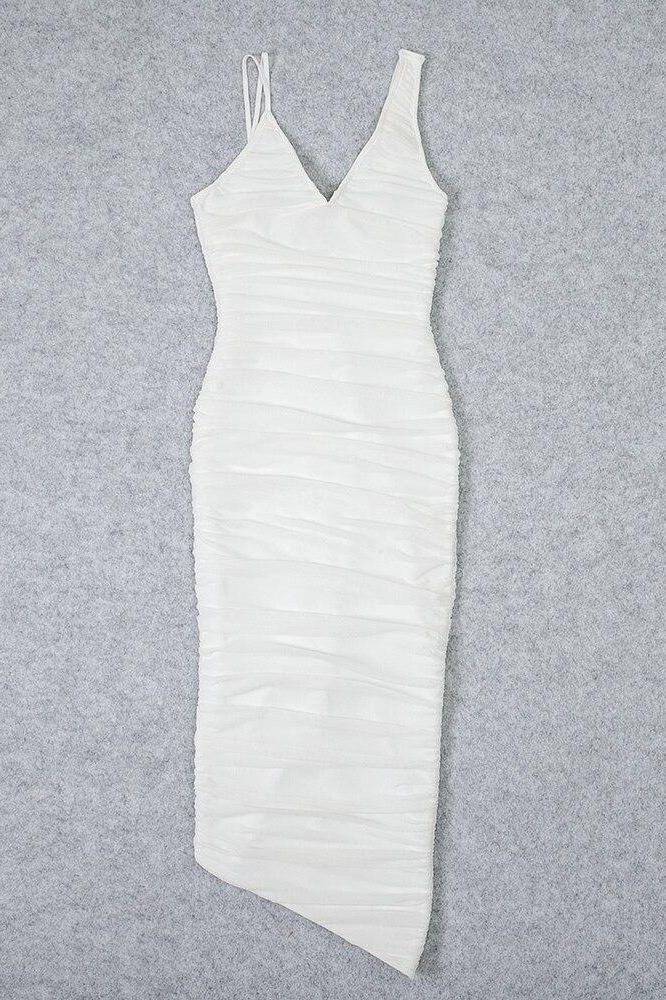 Woman wearing a figure flattering  Adele Bodycon Wrap Midi Dress - Pearl White BODYCON COLLECTION