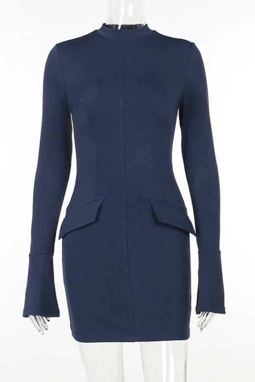 Woman wearing a figure flattering  Adrian Long Sleeve Bodycon Mini Dress - Navy Blue BODYCON COLLECTION