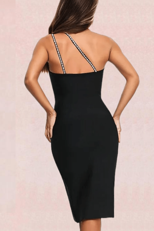 Woman wearing a figure flattering  Aine Bodycon Midi Dress - Classic Black BODYCON COLLECTION
