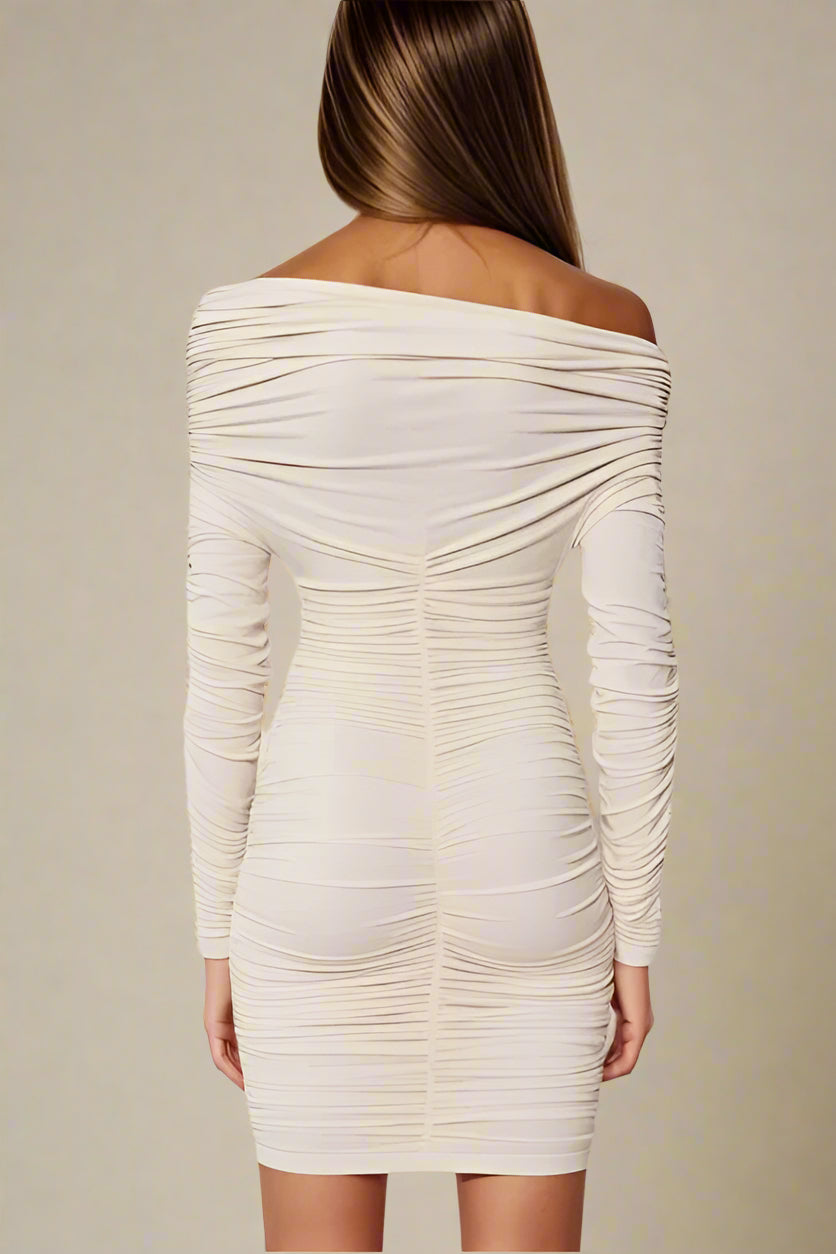 Woman wearing a figure flattering  Alessandra Long Sleeve Wrap Bodycon Mini Dress - Cream BODYCON COLLECTION