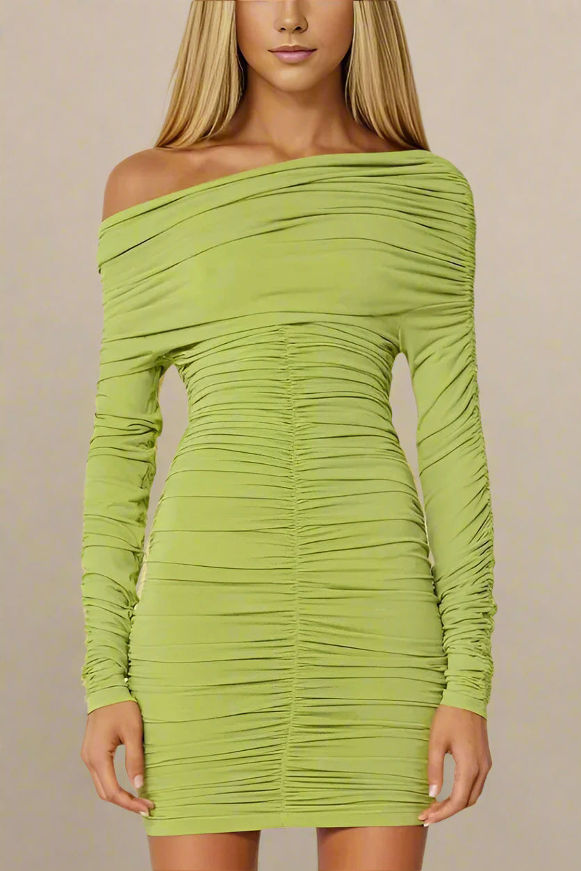 Woman wearing a figure flattering  Alessandra Long Sleeve Wrap Bodycon Mini Dress - Pickle Green BODYCON COLLECTION