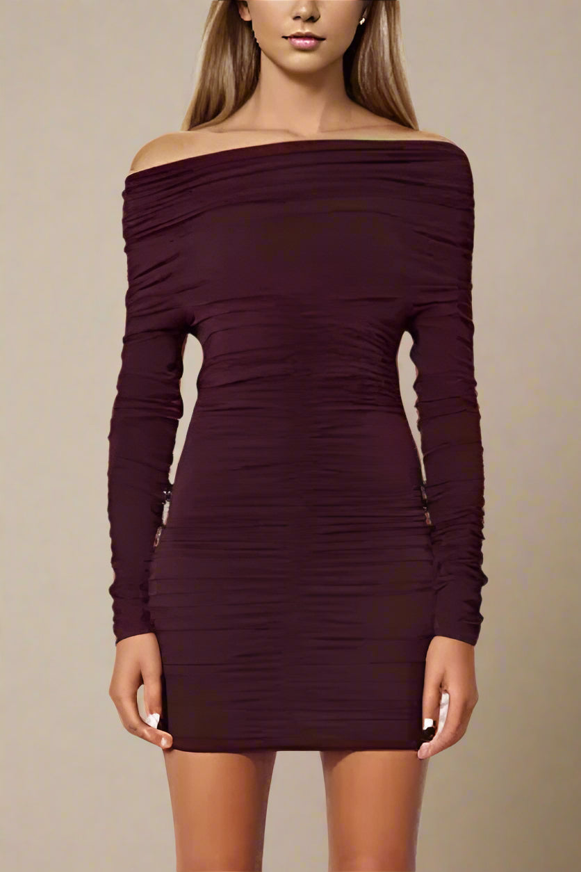 Woman wearing a figure flattering  Alessandra Long Sleeve Wrap Bodycon Mini Dress - Red Wine BODYCON COLLECTION