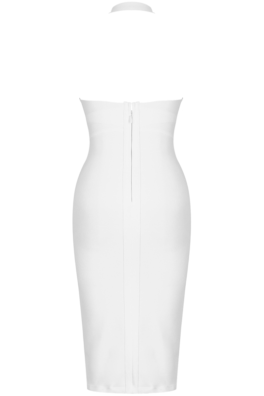 Woman wearing a figure flattering  Ali Bandage Midi Dress - Pearl White Bodycon Collection