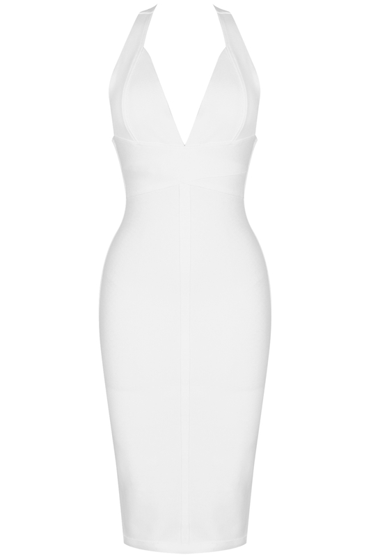Woman wearing a figure flattering  Ali Bandage Midi Dress - Pearl White Bodycon Collection