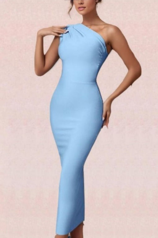 Woman wearing a figure flattering  Ally Bodycon Midi Dress - Baby Blue Bodycon Collection