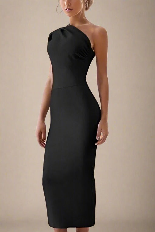 Woman wearing a figure flattering  Ally Bodycon Midi Dress - Classic Black Bodycon Collection