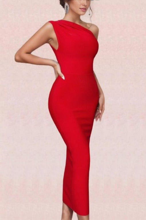 Woman wearing a figure flattering  Ally Bodycon Midi Dress - Lipstick Red Bodycon Collection