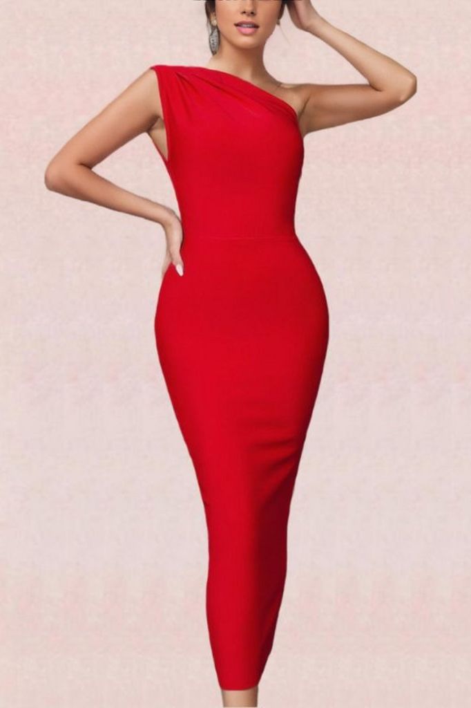 Woman wearing a figure flattering  Ally Bodycon Midi Dress - Lipstick Red Bodycon Collection