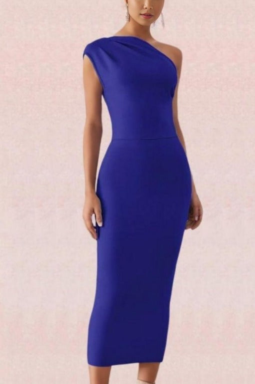Woman wearing a figure flattering  Ally Bodycon Midi Dress - Royal Blue Bodycon Collection