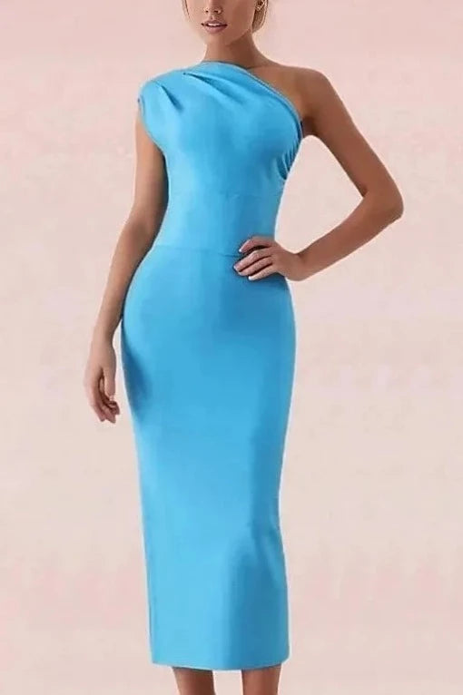 Woman wearing a figure flattering  Ally Bodycon Midi Dress - Sky Blue Bodycon Collection