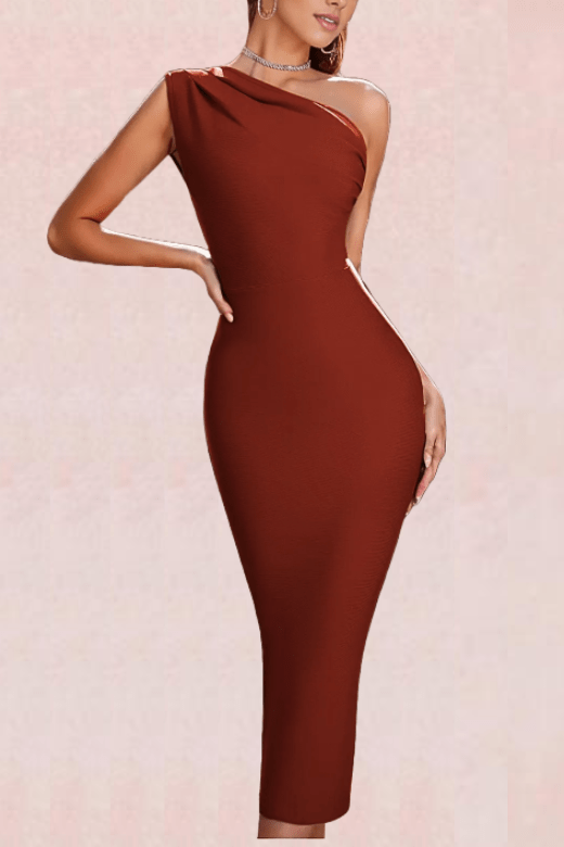 Woman wearing a figure flattering  Ally Bodycon Midi Dress - Tan Brown Bodycon Collection