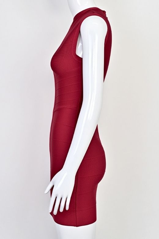 Woman wearing a figure flattering  Alora Bandage Mini Dress - Red Wine BODYCON COLLECTION Pty Ltd