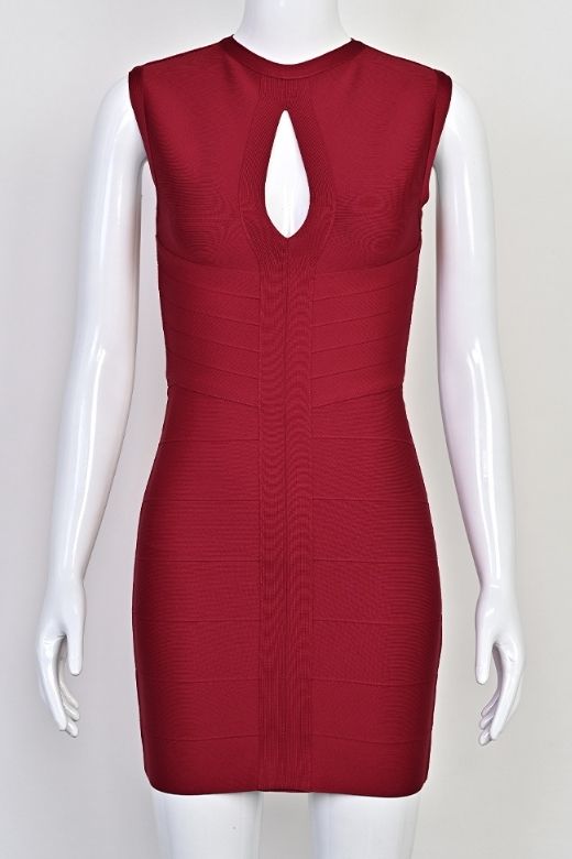 Woman wearing a figure flattering  Alora Bandage Mini Dress - Red Wine BODYCON COLLECTION Pty Ltd