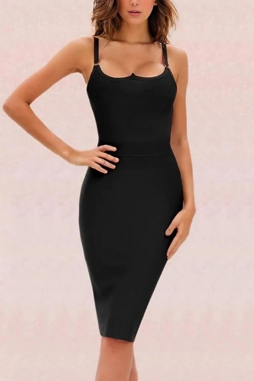 Woman wearing a figure flattering  Amber Bandage Dress - Classic Black Bodycon Collection