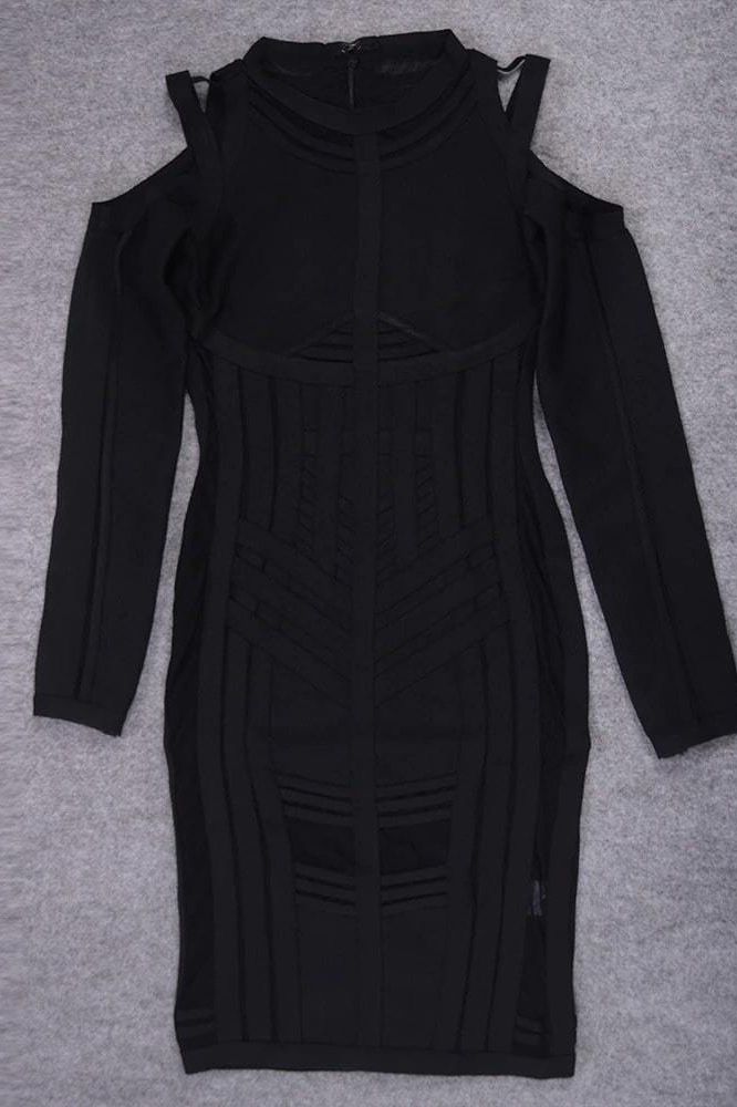 Woman wearing a figure flattering  Amelia Long Sleeve Bandage Dress - Classic Black BODYCON COLLECTION