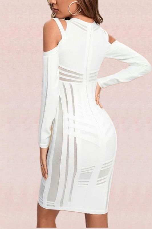 Woman wearing a figure flattering  Amelia Long Sleeve Bandage Dress - Pearl White BODYCON COLLECTION