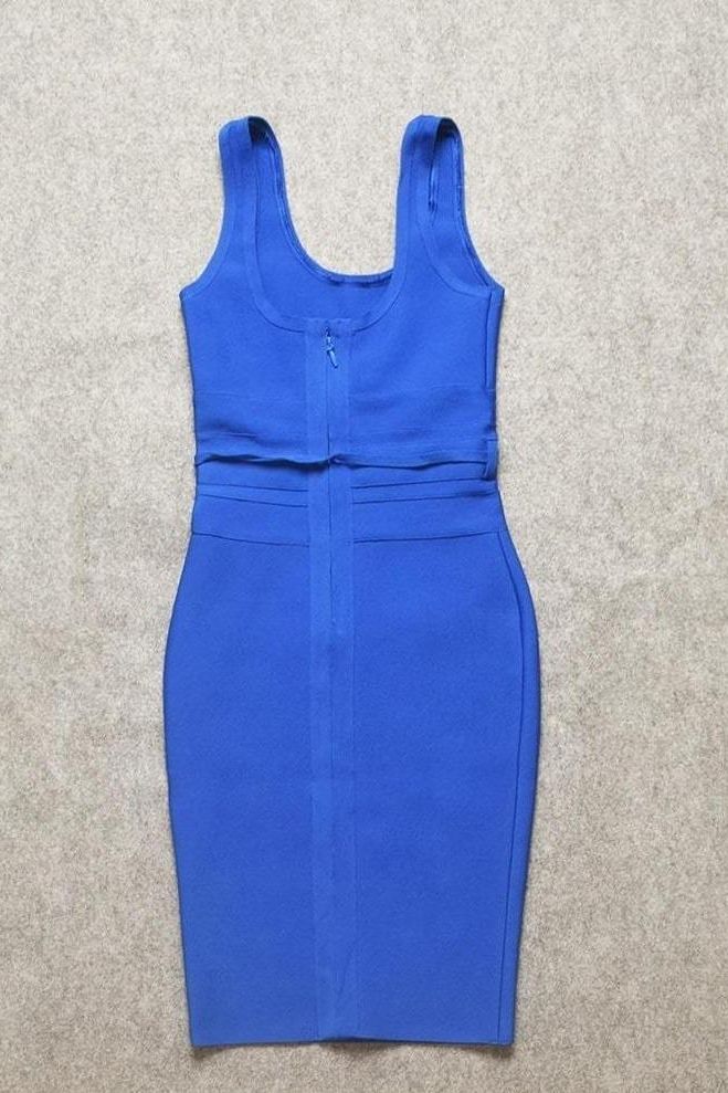Woman wearing a figure flattering  Amy Bandage Dress - Royal Blue Bodycon Collection