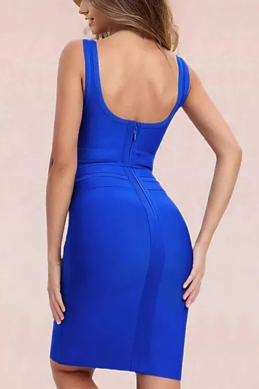 Woman wearing a figure flattering  Amy Bandage Dress - Royal Blue Bodycon Collection