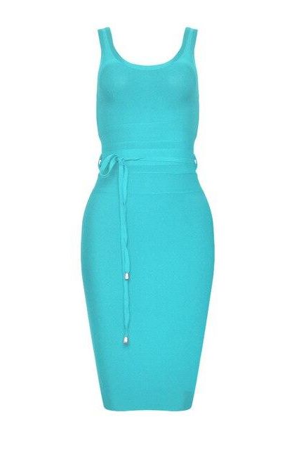 Woman wearing a figure flattering  Amy Bandage Dress - Sky Blue Bodycon Collection
