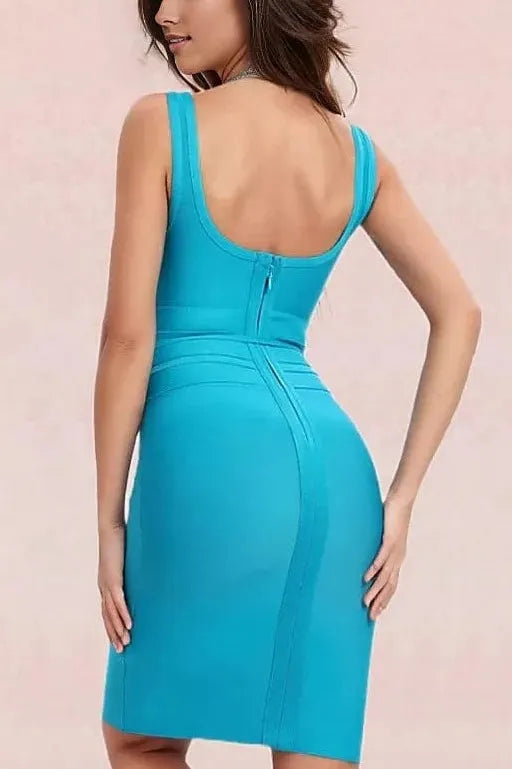 Woman wearing a figure flattering  Amy Bandage Dress - Sky Blue Bodycon Collection