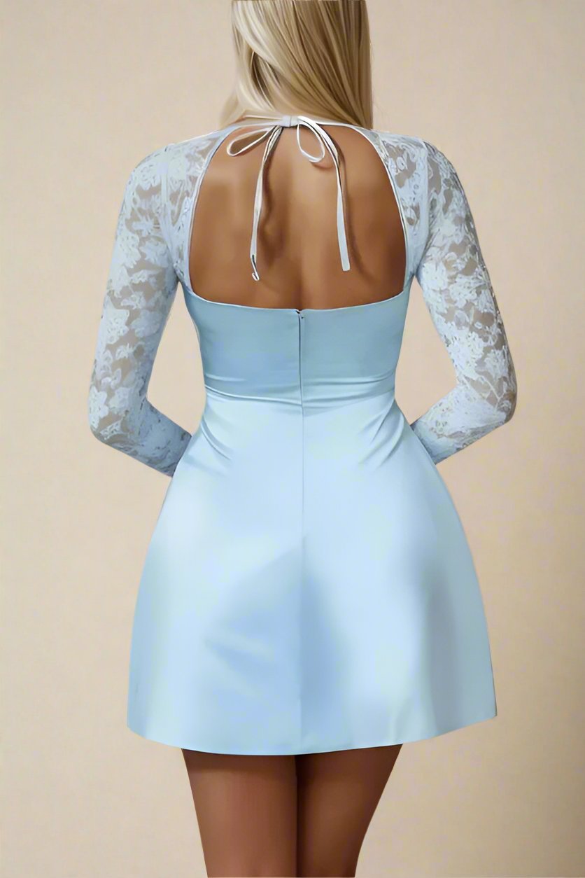 Woman wearing a figure flattering  Andy Long Sleeve Mini Dress - Sky Blue BODYCON COLLECTION