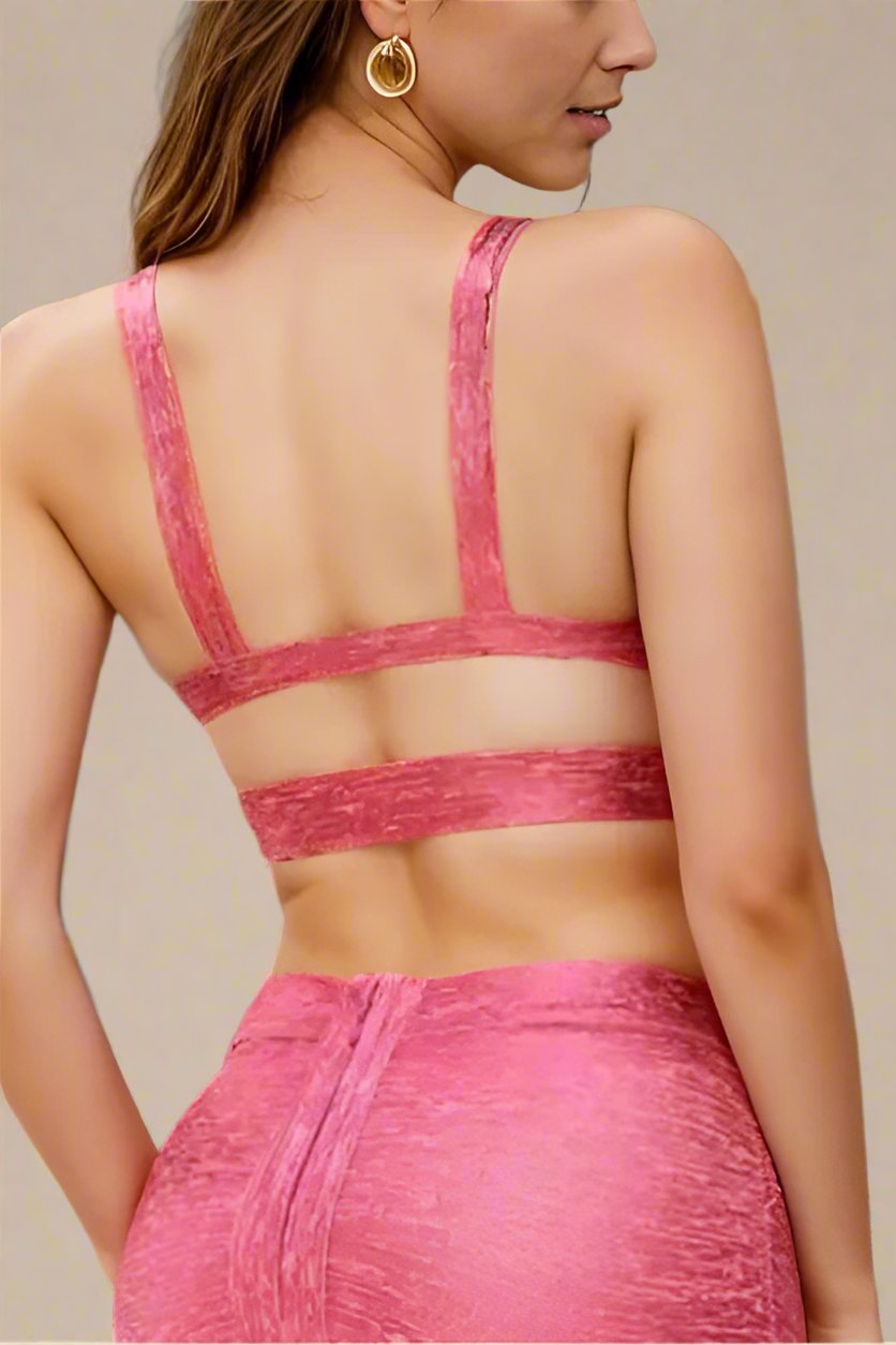 Woman wearing a figure flattering  Ang Bandage Metallic Crop Top - Hot Pink BODYCON COLLECTION