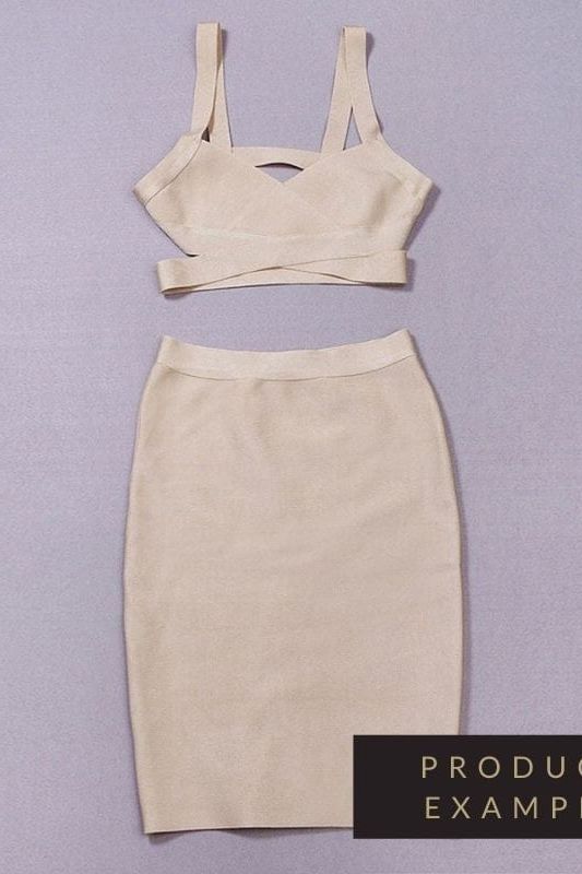 Woman wearing a figure flattering  Ang Bandage Top and Knee Length Skirt Set- Cream BODYCON COLLECTION