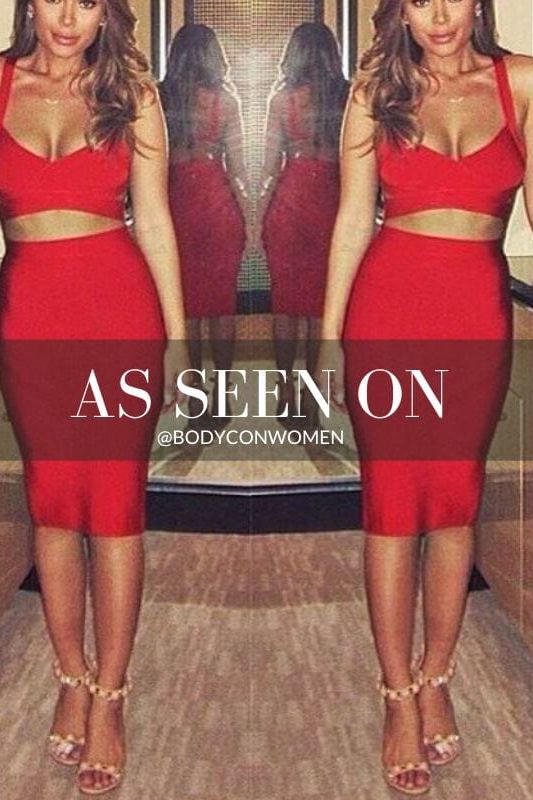 Woman wearing a figure flattering  Ang Bandage Top and Knee Length Skirt Set - Lipstick Red BODYCON COLLECTION