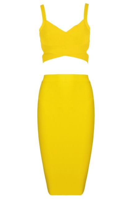 Woman wearing a figure flattering  Ang Bandage Top and Knee Length Skirt Set - Sun Yellow BODYCON COLLECTION