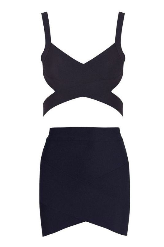 Woman wearing a figure flattering  Ang Bandage Top and Mini Skirt Set - Classic Black BODYCON COLLECTION