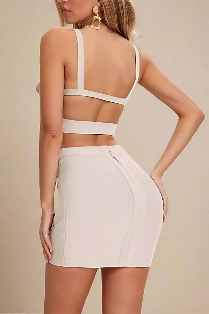 Woman wearing a figure flattering  Ang Bandage Top and Mini Skirt Set - Cream BODYCON COLLECTION