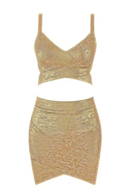Woman wearing a figure flattering  Ang Bandage Top and Mini Skirt Set - Gold BODYCON COLLECTION