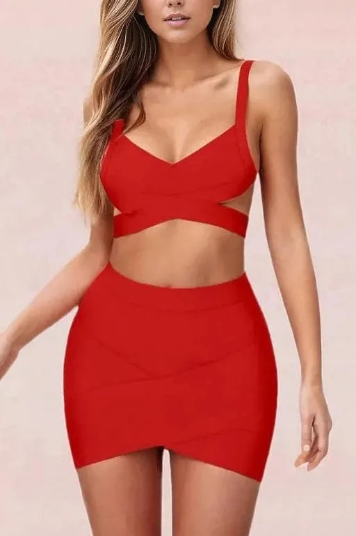 Woman wearing a figure flattering  Ang Bandage Top and Mini Skirt Set - Lipstick Red BODYCON COLLECTION
