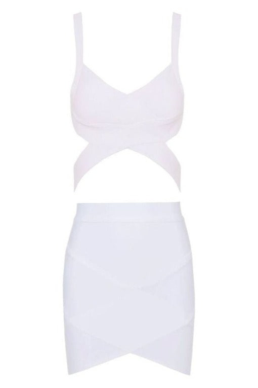 Woman wearing a figure flattering  Ang Bandage Top and Mini Skirt Set - Pearl White BODYCON COLLECTION
