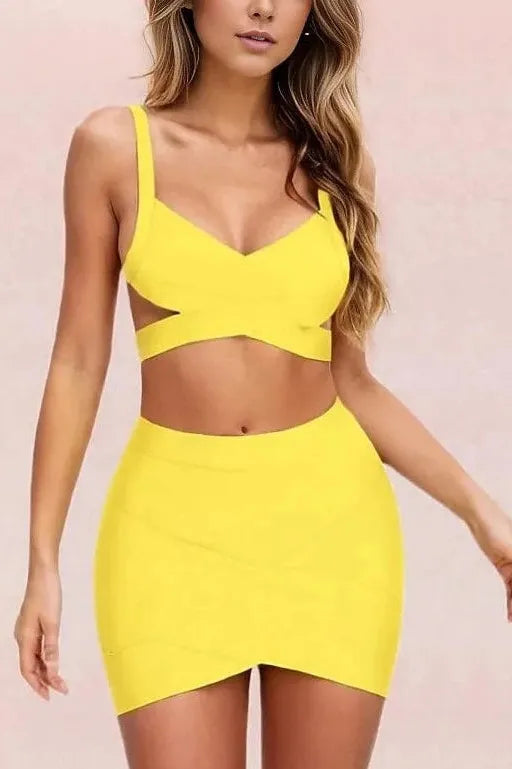 Woman wearing a figure flattering  Ang Bandage Top and Mini Skirt Set - Sun Yellow BODYCON COLLECTION