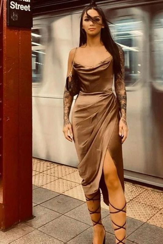 Woman wearing a figure flattering  Angela Bodycon Dress - Tan Brown BODYCON COLLECTION