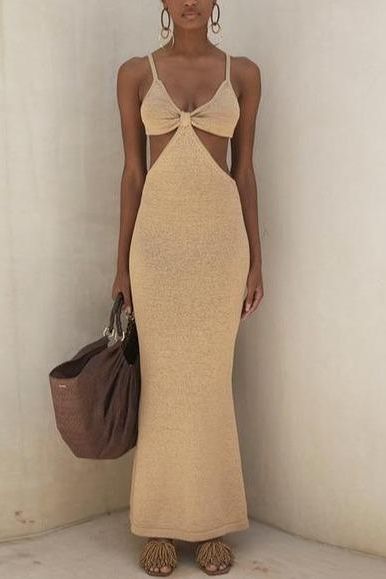 Woman wearing a figure flattering  Aria Bodycon Day Maxi Dress - Cream BODYCON COLLECTION
