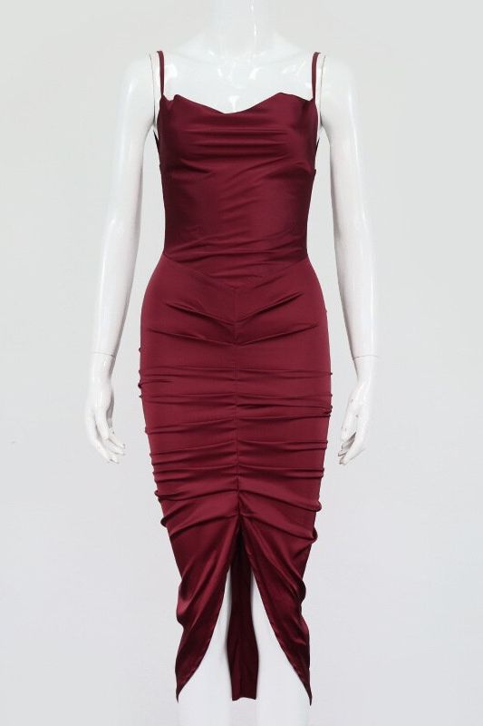 Woman wearing a figure flattering  Arlo Bodycon Wrap Midi Dress - Red Wine BODYCON COLLECTION