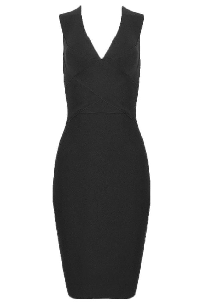 Woman wearing a figure flattering  Ash Bandage Dress - Classic Black Bodycon Collection