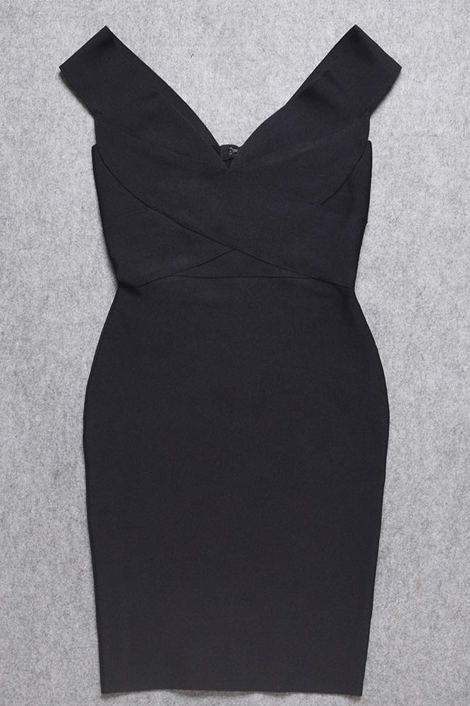 Woman wearing a figure flattering  Ash Bandage Dress - Classic Black Bodycon Collection