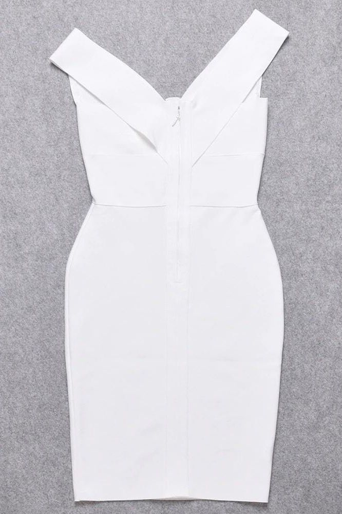 Woman wearing a figure flattering  Ash Bandage Dress - Pearl White Bodycon Collection