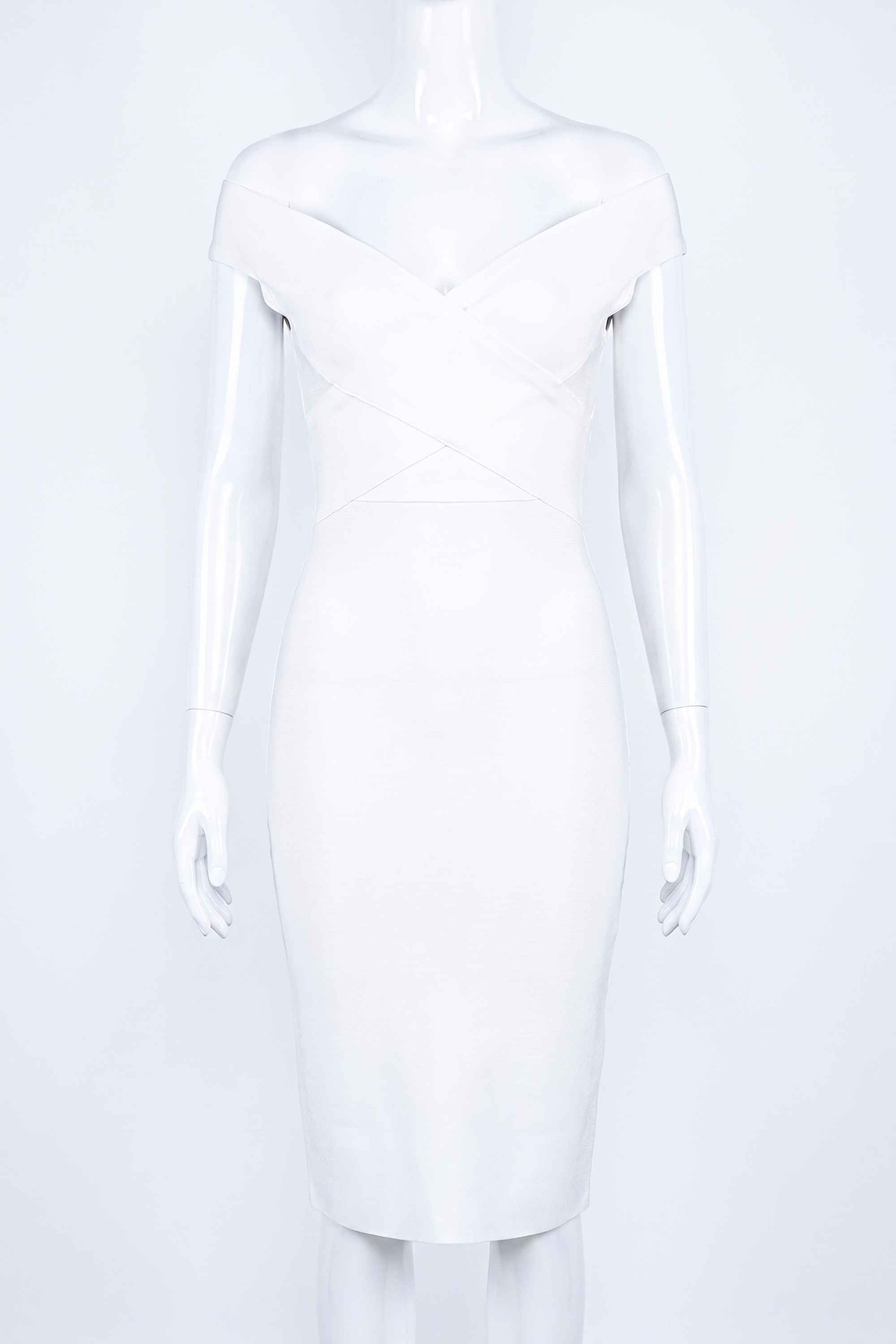 Woman wearing a figure flattering  Ash Bandage Dress - Pearl White Bodycon Collection