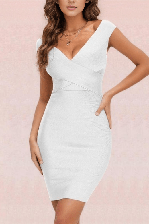 Woman wearing a figure flattering  Ash Bandage Dress - Pearl White Bodycon Collection